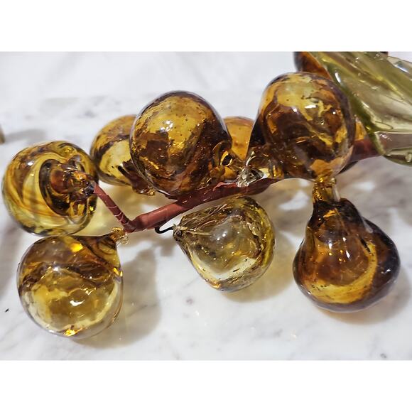 Vintage Handblown Amber Murano Glass Grapes Cluster Leaf MCM Decorative Glass - Picture 13 of 14